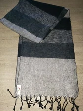 US SHERPA men women BLACK GRAY WIDE STRIPE SCARF one size FRINGE TRIM WARM!