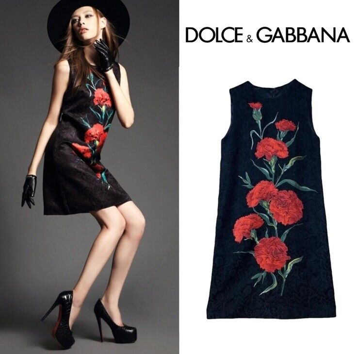 Rare Dolce & Gabbana Brocade Carnation Black Red Floral Silk Rare Dolce & Gabbana Brocade Carnation Black Red Floral Silk