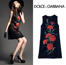 Rare Dolce & Gabbana Brocade Carnation Black Red Floral Silk Mini Dress IT38