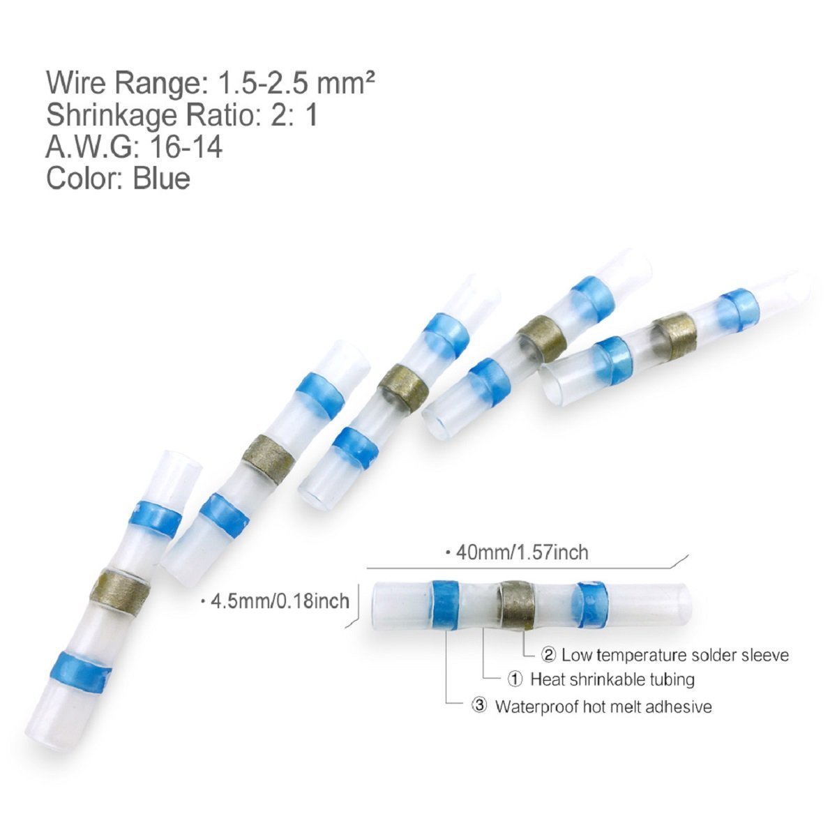 100PC 1614Ga AWG Electrical Solder Seal Heat Shrink Butt Connectors