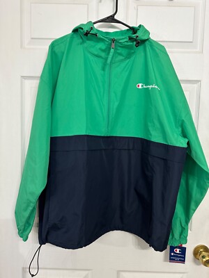 NWT 2x Champion Blue & Green Color Block Half Zip Hooded Winbreaker FLAW