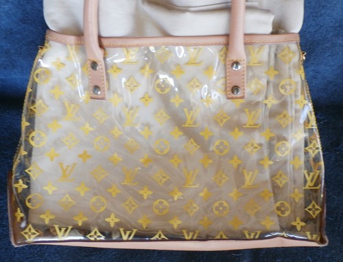 louis Vuitton small handbag purse clear vinyl yellow logos