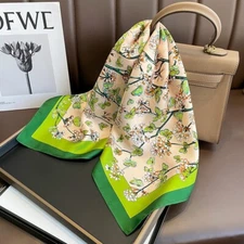 100% Mulberry Silk 27" Square Scarf Women Neckerchief Wrap Vintage Green Flowers