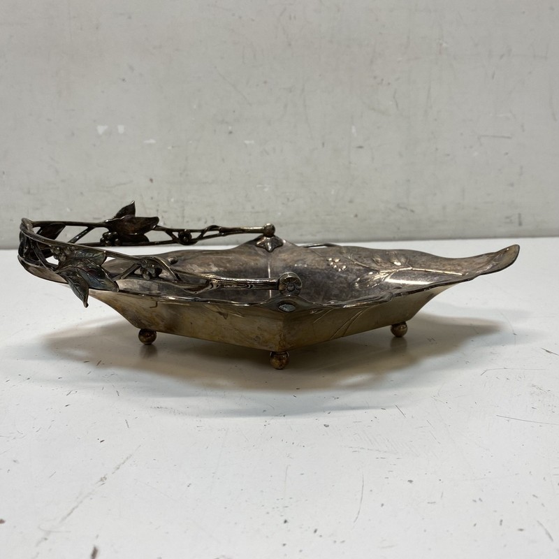 Vintage Silver-Tone Metal Footed Dish Art Nouveau Floral Berry Design