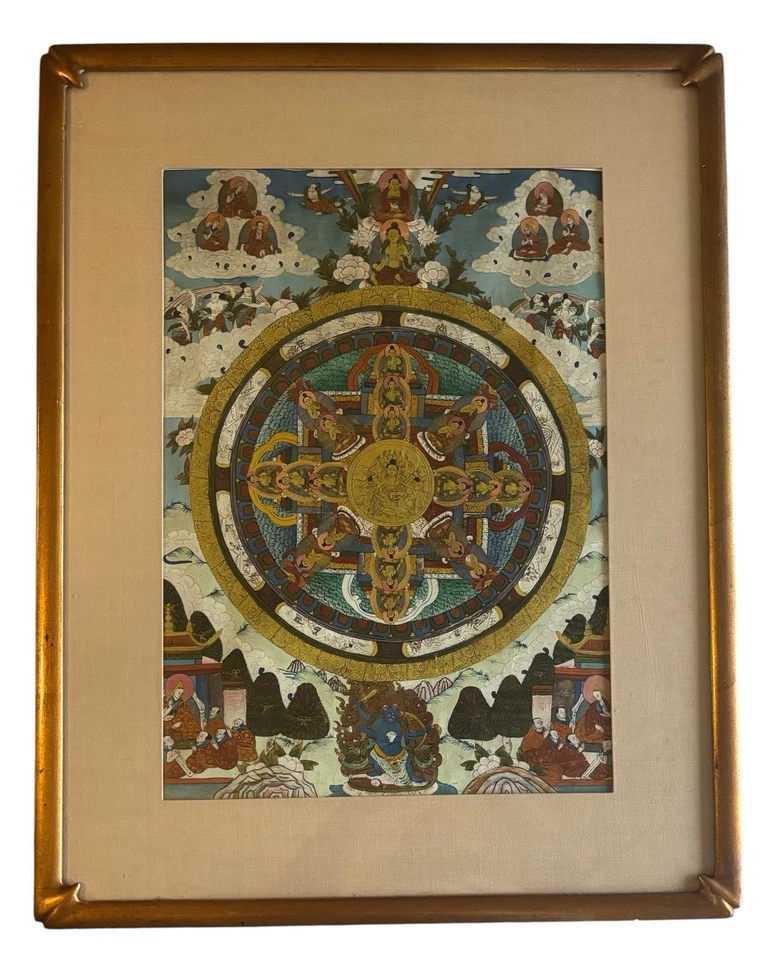 Antigua pintura tibetana de mandala Thangka - Templo Kalachakra dorado pintado a mano Foto 2 de 4