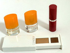 New Clinique 4 Pc Set Like Mink Eye Shadow, 2 Happy Perfumes Plum Pop Lipstick