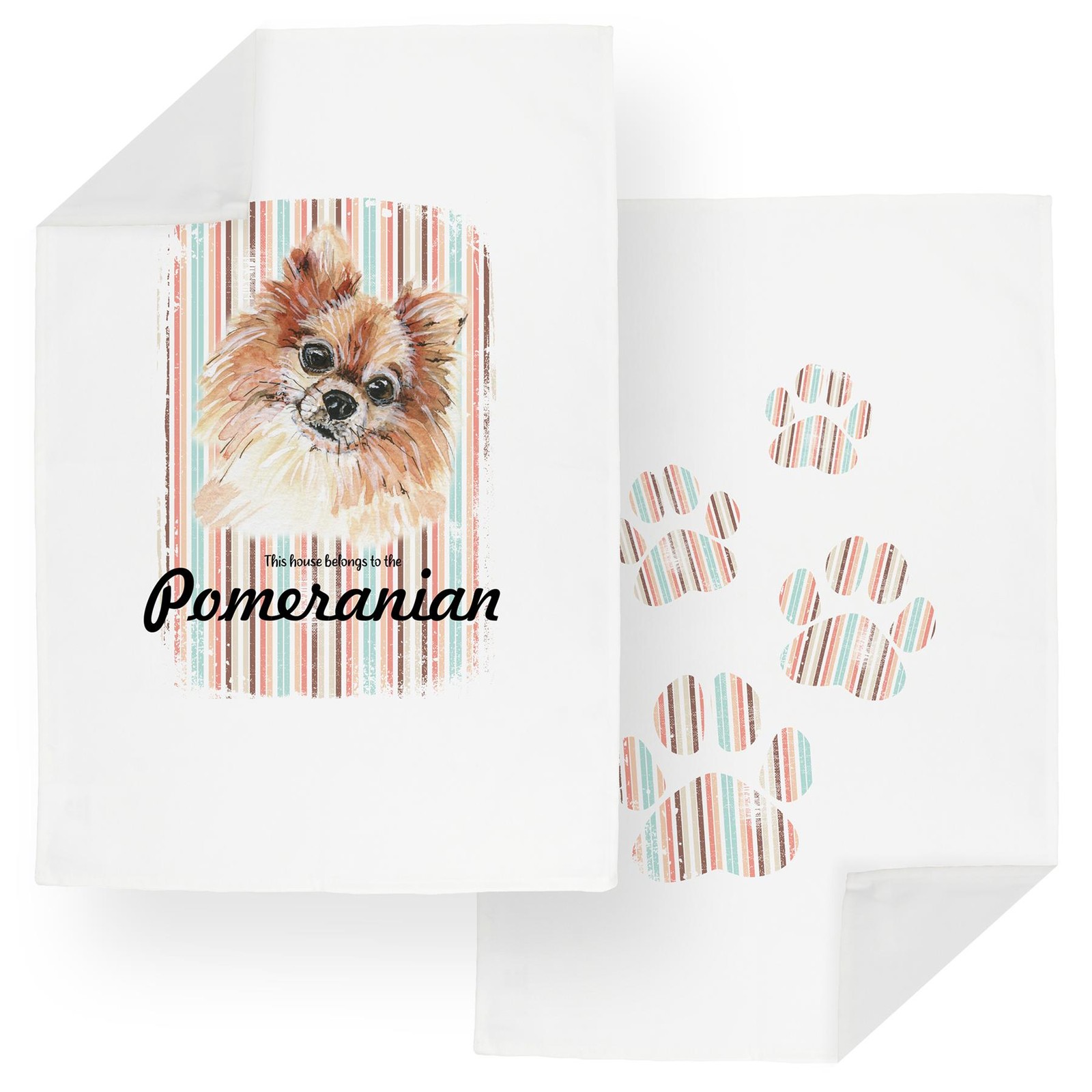 Pomeranian Tea Towel Set - Novelty Dogs & Paw Prints Kitchen Linens Gifts
