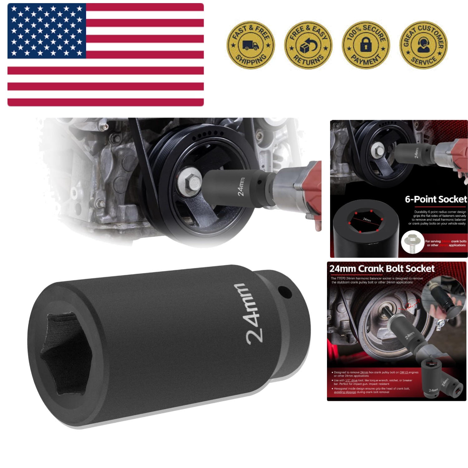 77070 24mm Crank Bolt Socket for GM LS Engine Harmonic Balancer Socket Tool 2...