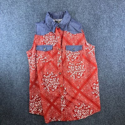 Lucky & Blessed Western Shirt Womens M Red White Paisley Sleeveless Button Up