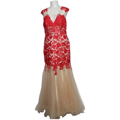 Dave&Johnny, Abendkleid, Größe: 44, Rot/Beige, Polyester, Blumen, Spitze #xfr