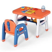 Babyjoy Kids Study Desk Dinosaur Table & Chair Set w/ Building Blocks Activity