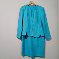 Leslie Fay Turquoise Blue 2 Piece Skirt Suit Set Dress Blazer Womens 8P Vintage