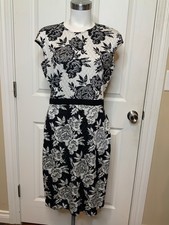 St. John Collection Black White Floral Embroidered Sleeveless Pencil Dress Sze 6
