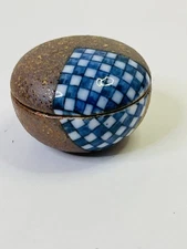 Vintage Salt Cellar Dip Stoneware Checkered Glaze Japan with Lid