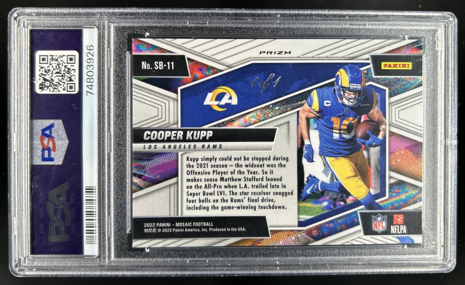 2022 Panini Mosaic Cooper Kupp In It to Win Mosaic Black #1/1 Rams PSA 9 view 2