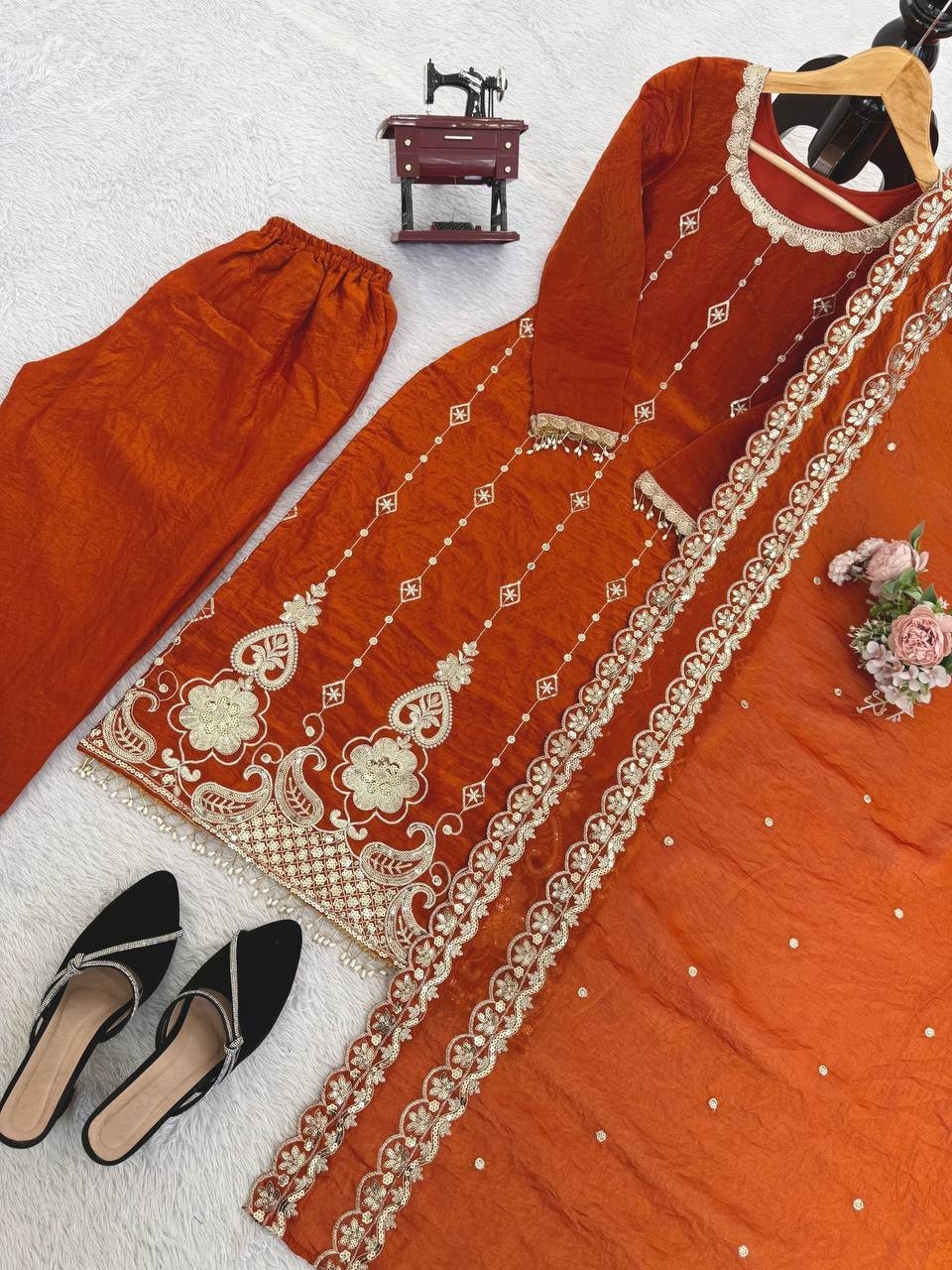 New Stylish Fendy Silk Orange Salwar Kameez With Dupatta For Function Wear thumbnail 10