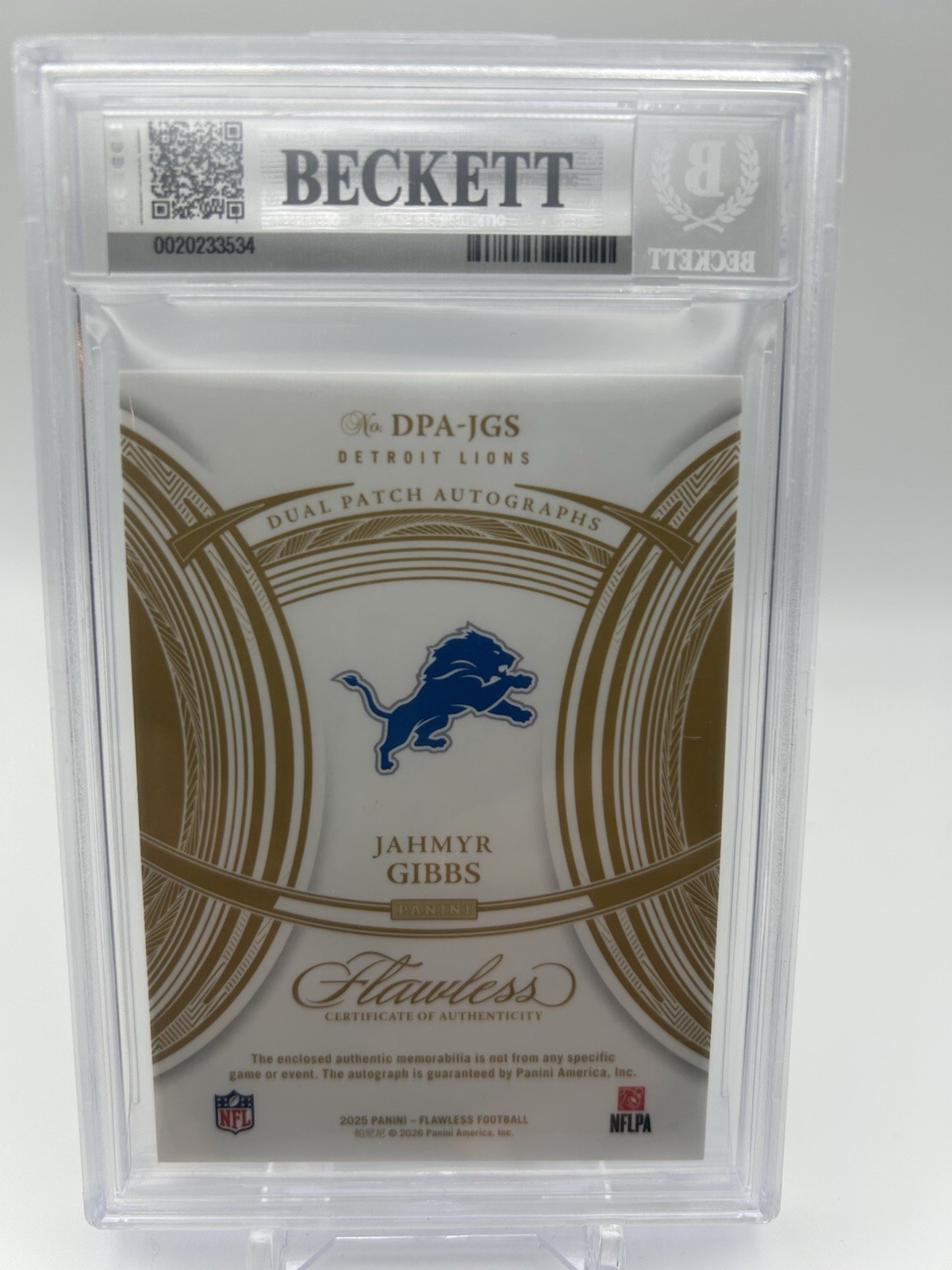 2025 Panini Flawless Jahmyr Gibbs 3 Color Dual Patch Auto /10 BGS 9 Lions NFL view 2