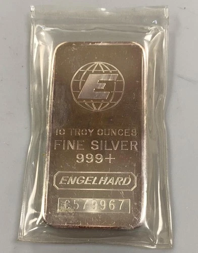 Engelhard 10 Troy Ounce 999+ Fine Silver Bar C579967 toned in plastic L24352