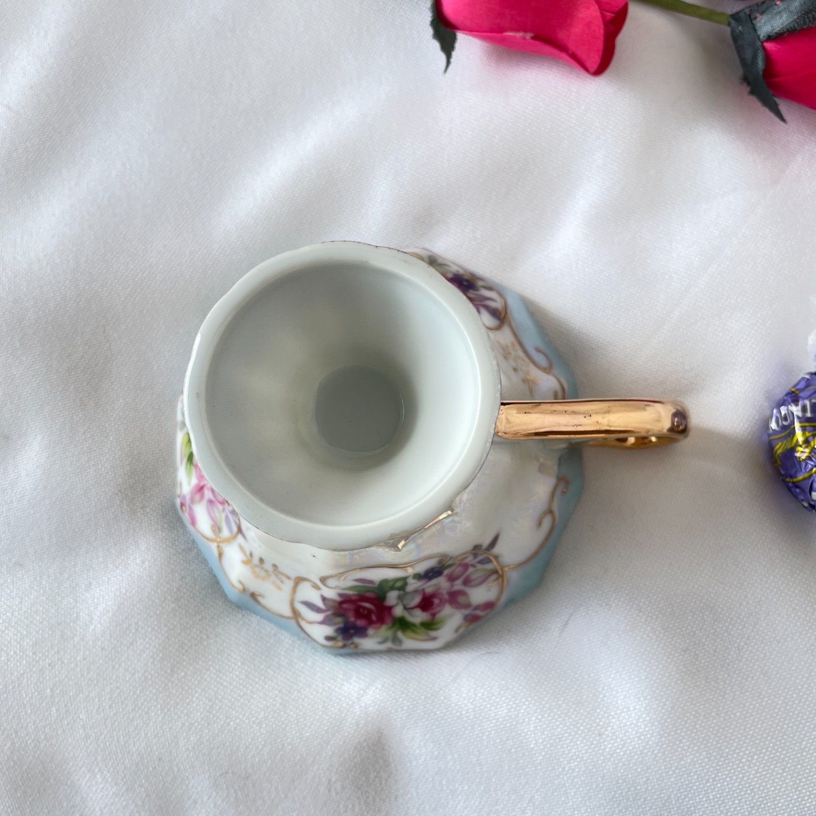 Vintage Bone China Lusterware Footed Teacup Saucer Pink Roses Japan (West Pac?)
