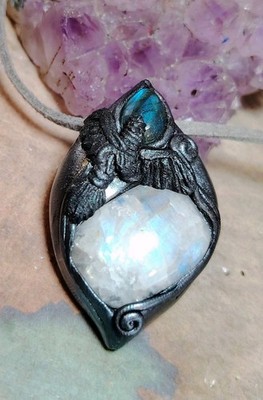 The Morrigan Crow Goddess. Raven Heart Necklace Moonstone Pendant.