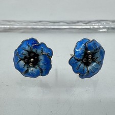 Vintage Five Petal Flower Blue Enamel Sterling Floral Post Earrings No Backs