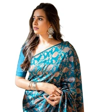 Pappylon Women's Kanchipuram Silk Sarees With Zari & Blouse Piece Teal Blue