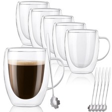 DAJAVE Set of 6 Glass Coffee Mugs 350ml Double Walled Small, Transparent