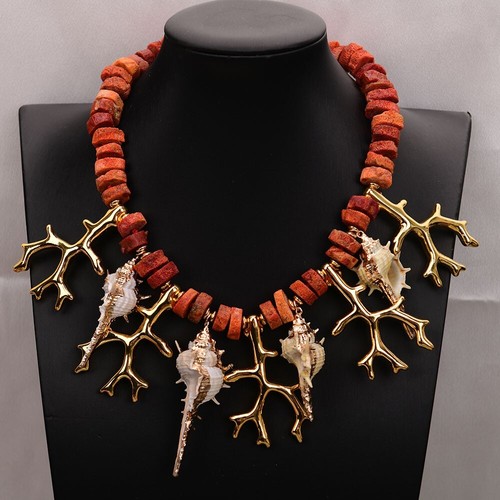 Natural Red Orange Coral Bamboo Necklace Golden Resin Branch Sea Shell Pendant - Picture 2 of 10