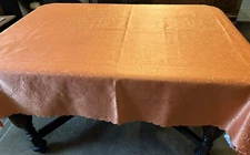 Large 88"x 60" solid scroll scalloped edge burnt orange table cloth bb& beyond f