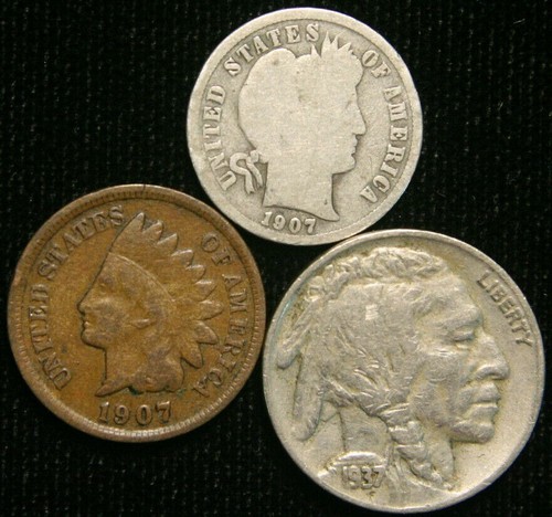 Old US Coin Estate Lot Barber Dime Indian Head Cent Buffalo Nickel 3 Coin Set