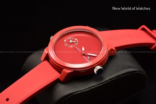 Tommy Hilfiger Men's DENIM 44mm VALENTINE RED Quartz ALL RED Rubber Strap Watch - Picture 9 of 14