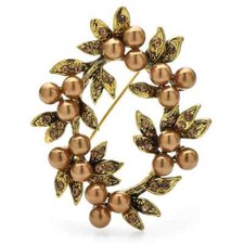GOLD Pearl Wreath Brooches For Women Rhinestone Party Office Brooch Pins Gifts