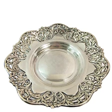 VTG Spanish Silverplate Bowl Ornate Rococo Floral Motif Pierced Rim Stamped WA