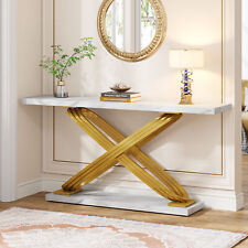 55" White Gold Faux Marble Console Table Entryway Hallway Table with Metal Base