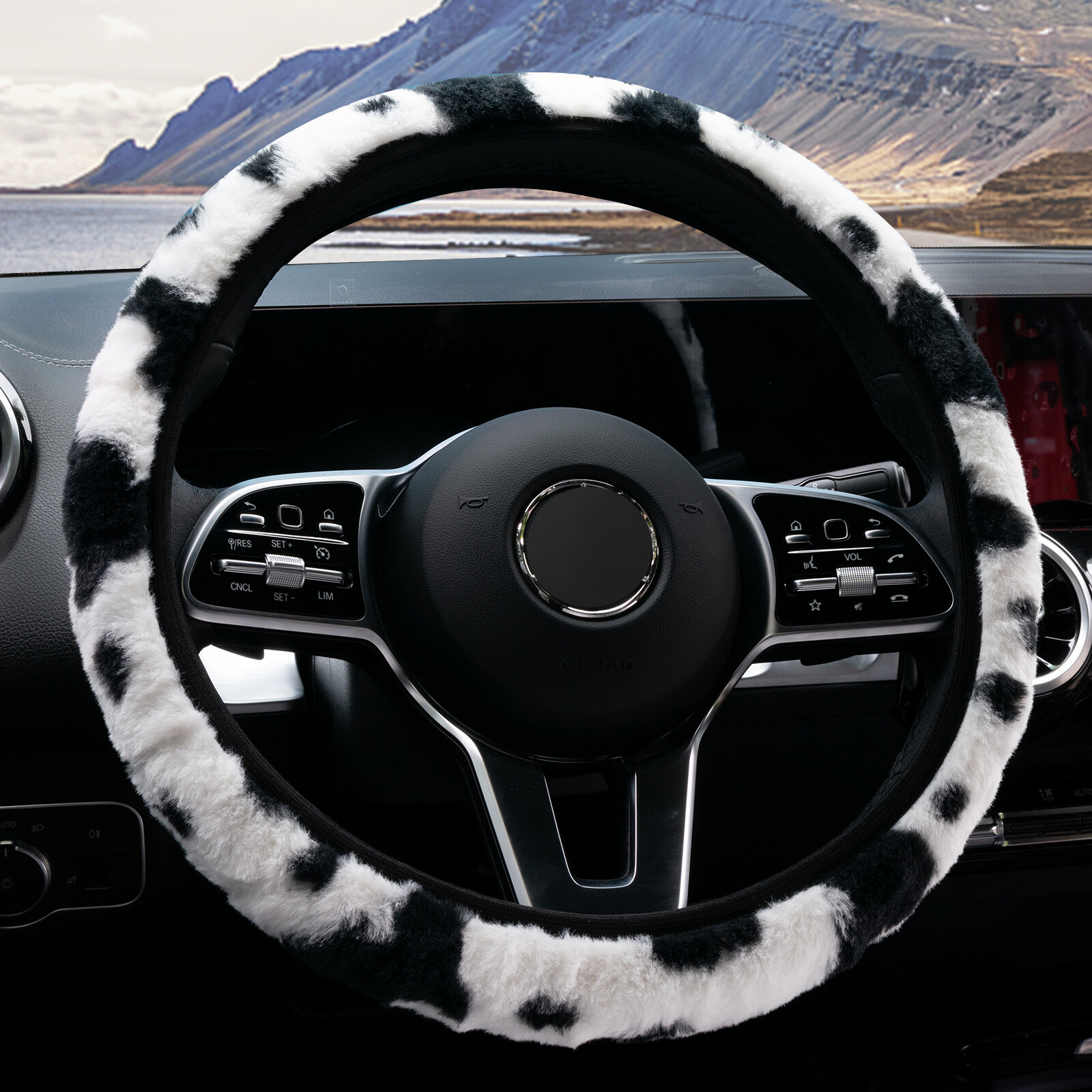 Animal Print Velour Car Steering Wheel Cover Cow Black White Winter Accessories