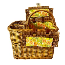 Vintage 1970’s Wicker Wine and Cheese Picnic Basket Citrus Lined Retro Rattan