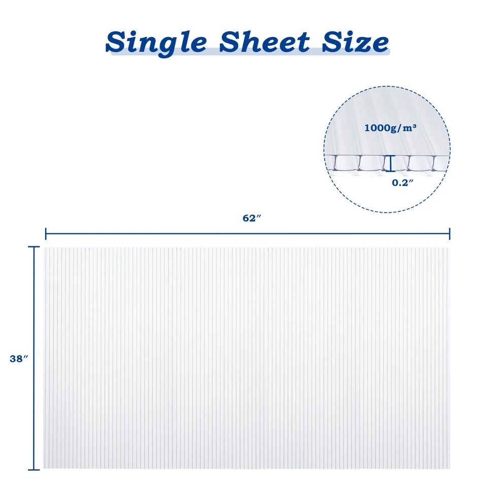 Aoodor 6PCS 38''x62''Polycarbonate Greenhouse Panels Waterproof UV Protected 5mm - Image 4 of 4