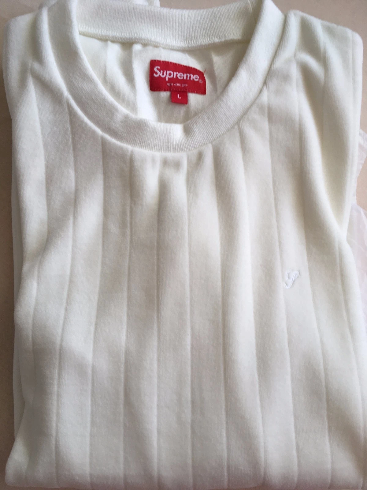 SUPREME girocollo in velluto a costine bianco grande FW2017 nuovo + mai indossato