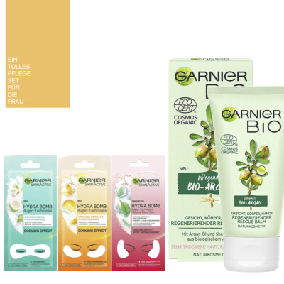 4tlg. Garnier Bio Argan Rescue Balm Creme & 3x Hydra Augen-Tuchmaske