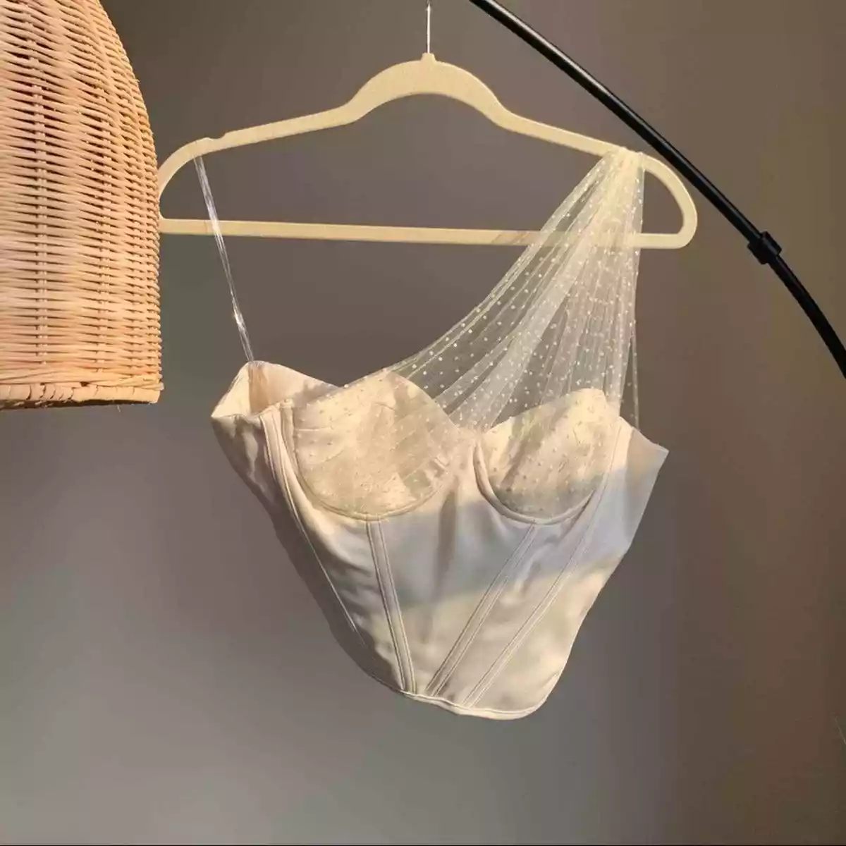 HOUSE OF CB Ivory White Kim Mesh Polka Dot Tulle Corset Bustier Top