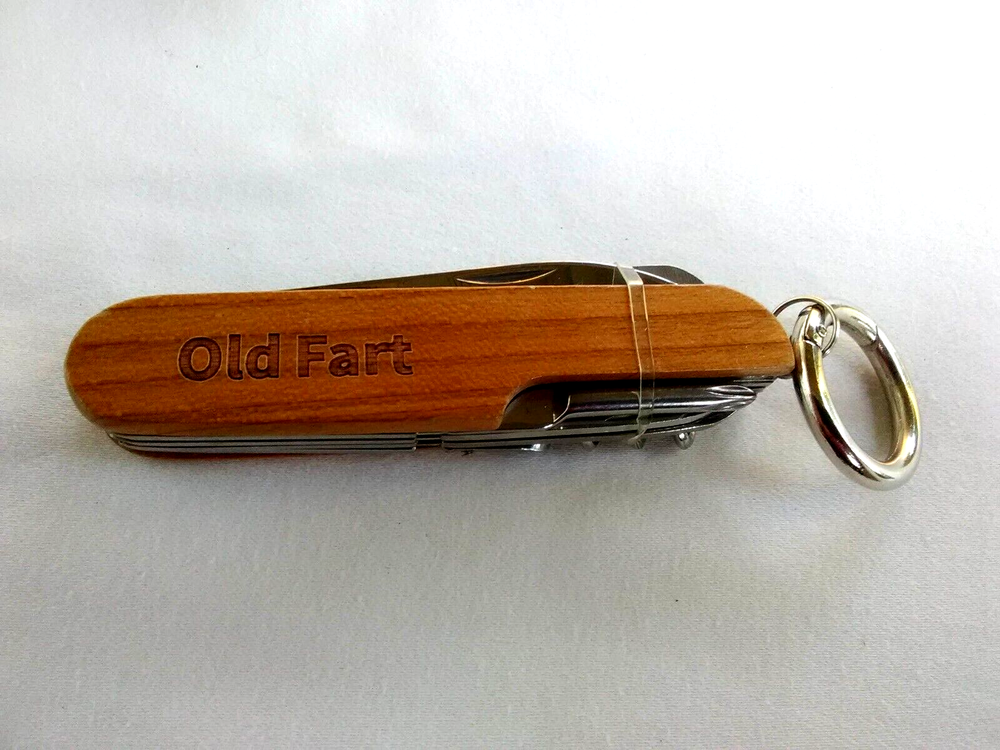 Multi-tool Pocket Knife Old Fart  Engraved  On Wood Key Ring  Humor New