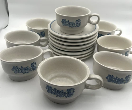 8 Sets Pfaltzgraff Yorktowne 7-1 Vintage Stoneware Soup Mugs/Saucers w/Handles