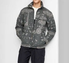 Men's French Cuff Long Sleeve Shirt Jacket Original Use Gray w print Quilted