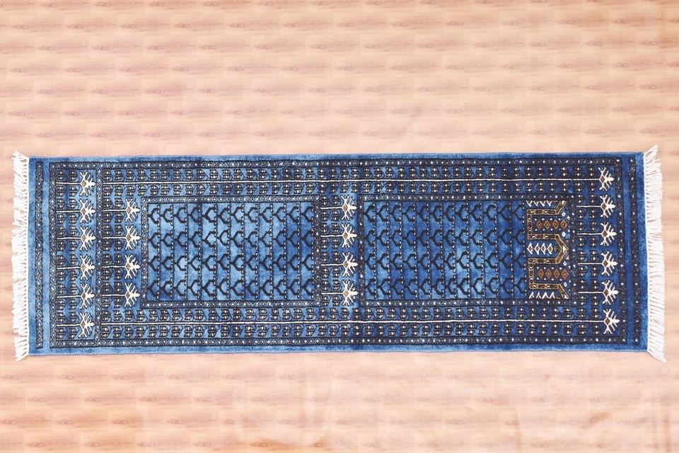 Sky Blue Color Carpet 2x6 Oriental Corridor Traditional Hand made Striped Rug - Image 2 of 4