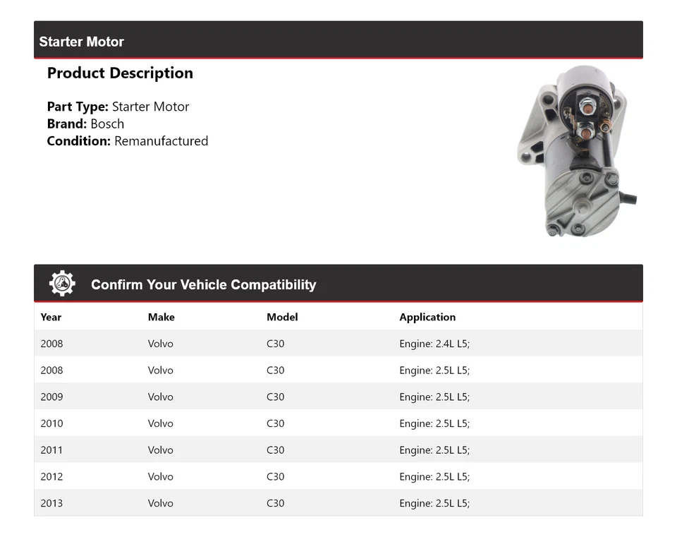 Arranque Bosch Volvo C30 2008-2013 (remanufacturado) 2009 2010 2011 2012 Foto 2 de 4