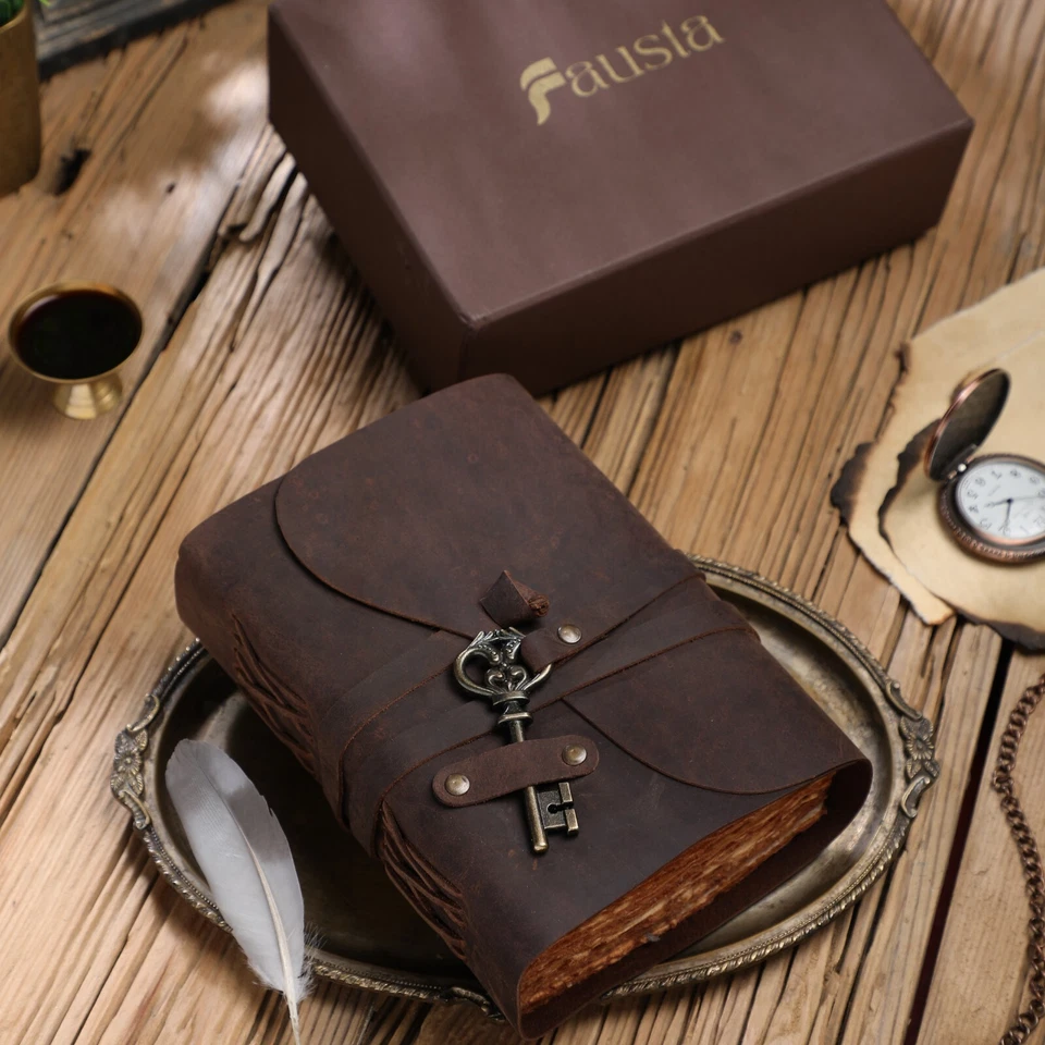 FAUSTA Handmade Vintage Leather Journal With Key Deckle-edged Cotton paper | 240 Pages