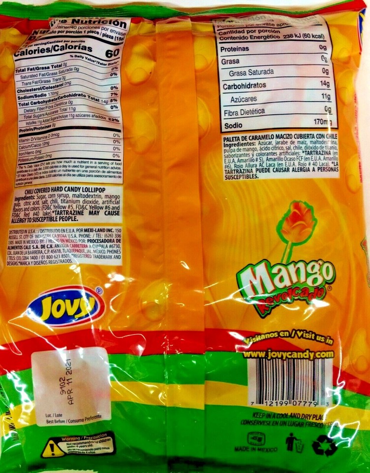 Jovy Mango Revolcado Lollipops with Chili 40 Count Bag eBay