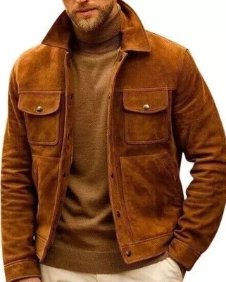 Men's Suede Leather Jacket Biker Brown Casual Real Suede Shirt Jacket