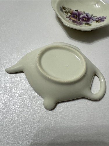 Vintage 2 Teapot Shaped Trinket Dish Purple Pansy Flower Floral Design - Picture 4 of 10