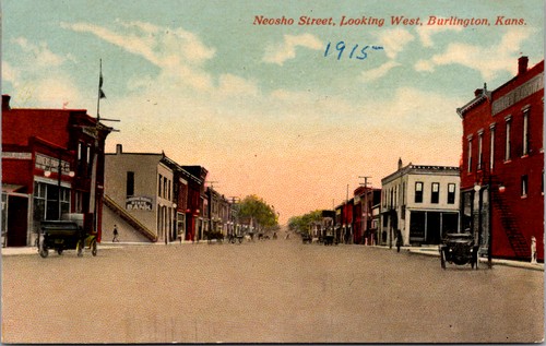 Postcard Neosho Street looking West in Burlington, Kansas - used in 1915